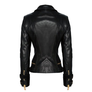Gold Accents Zipper Closure Premium Sheepskin Leather Motorcycle Jacket for Women