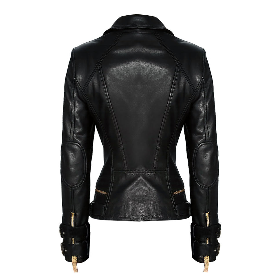 Gold Accents Zipper Closure Premium Sheepskin Leather Motorcycle Jacket for Women