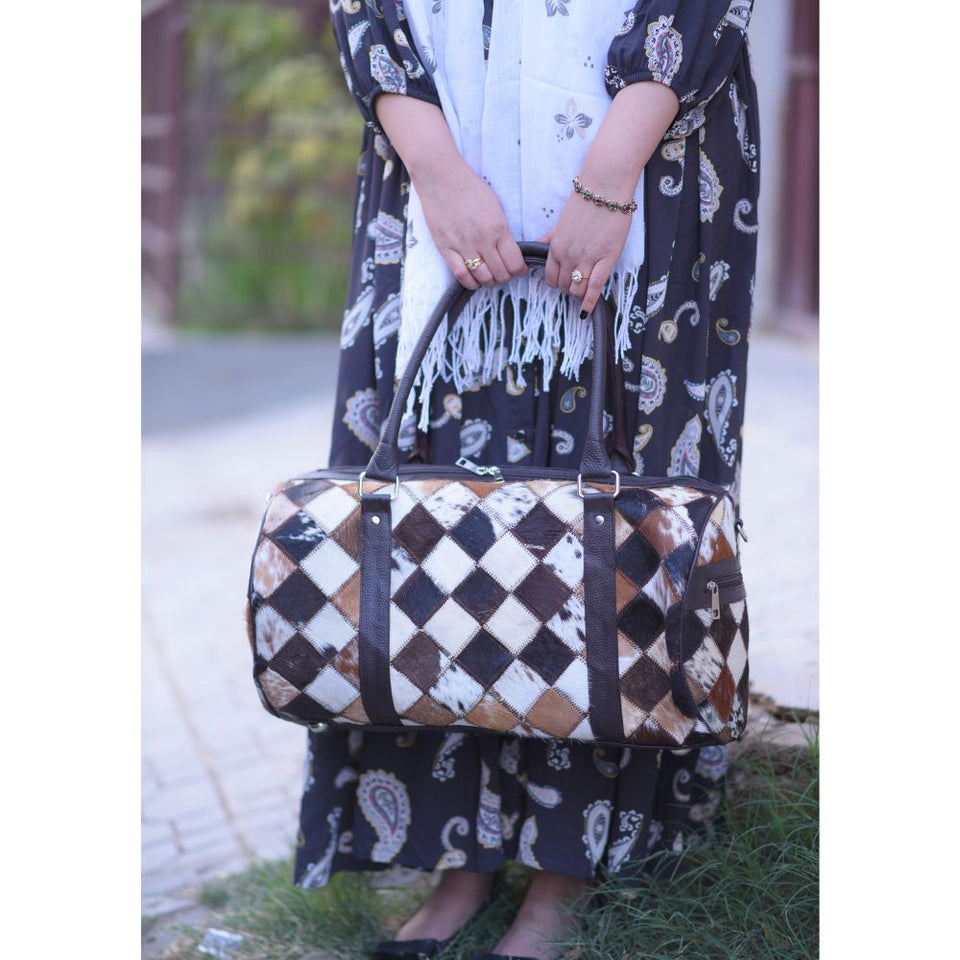 Multipatch Oval Design - Hair On Cowhide Genuine Leather Duffel Bag