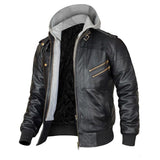 Bomber Removable Hooded Sheepskin Leather Jacket for Men