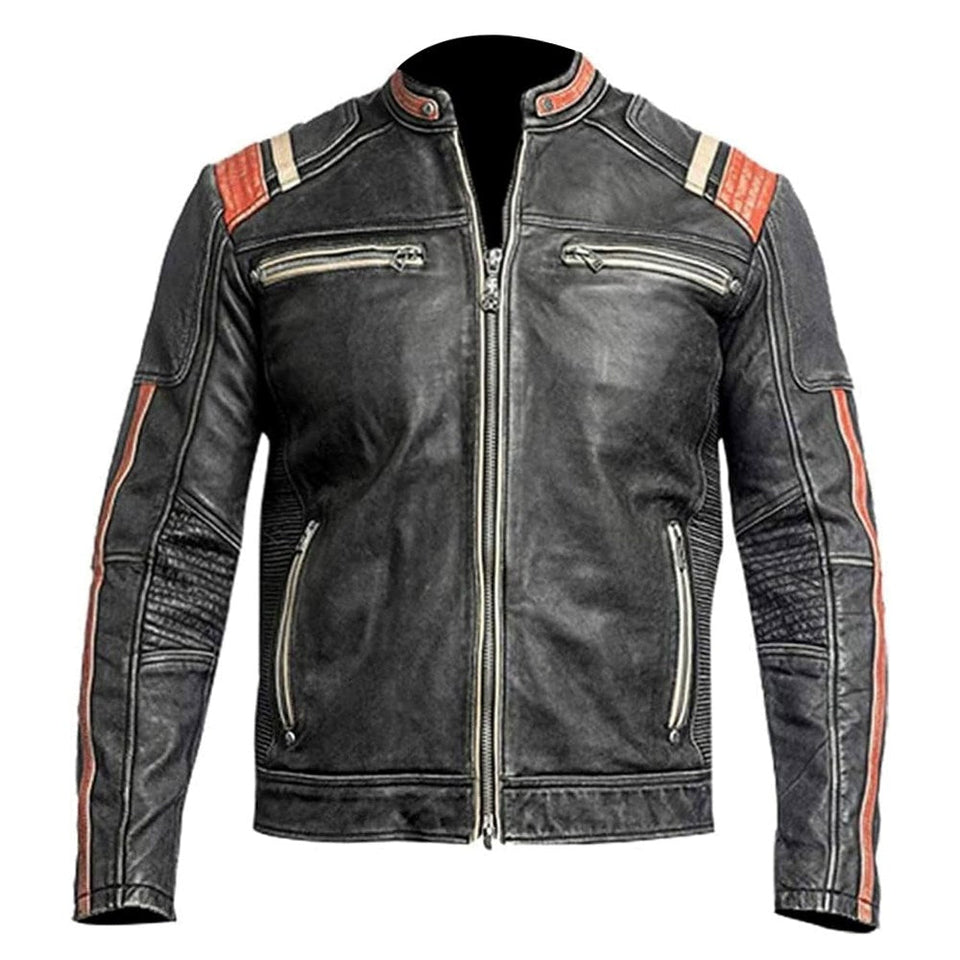 Vintage Distressed Black Café Racer Lambskin Leather Jacket For Men