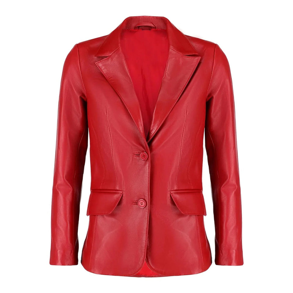 Black Notched-Collar Casual Genuine Sheepskin Leather Blazer for Women