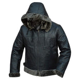 Aviator Black Removable Hood Shearling Sheepskin Leather Jacket for Men