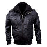 Bomber Removable Hooded Sheepskin Leather Jacket for Men