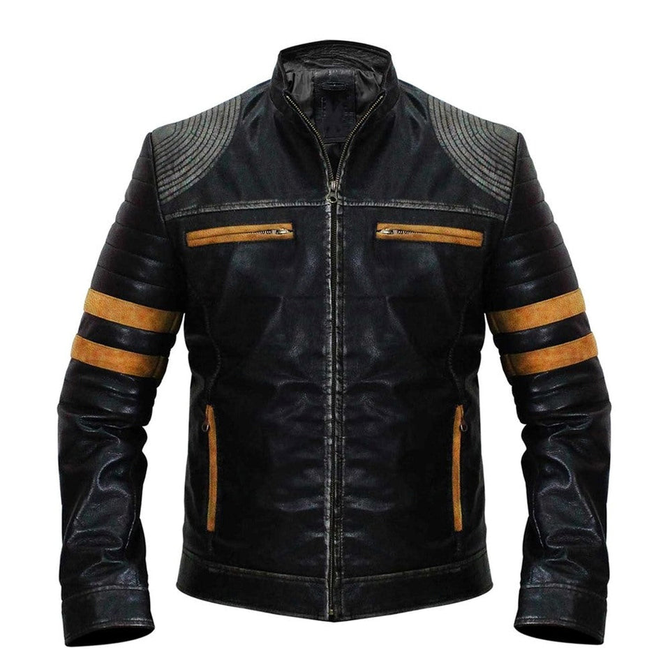 Men's Vintage Distressed Black Leather Biker Jacket with Quilted Shoulders and Stripes