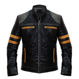 Men's Vintage Distressed Black Leather Biker Jacket with Quilted Shoulders and Stripes