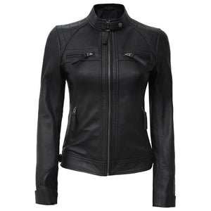 Black Quilted Café Racer Leather Jacket for Women