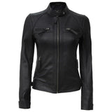 Black Quilted Café Racer Leather Jacket for Women