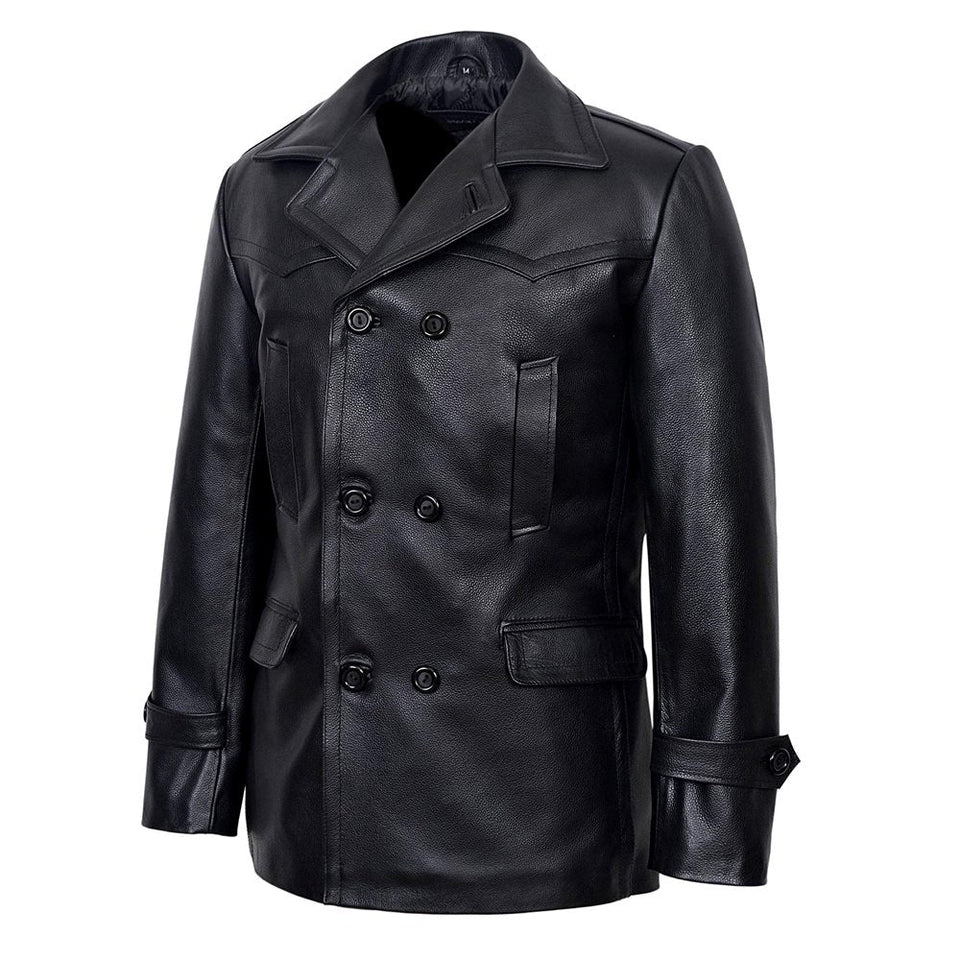 Vintage Black German Classic WW2 Officer Lambskin Leather Coat For Men