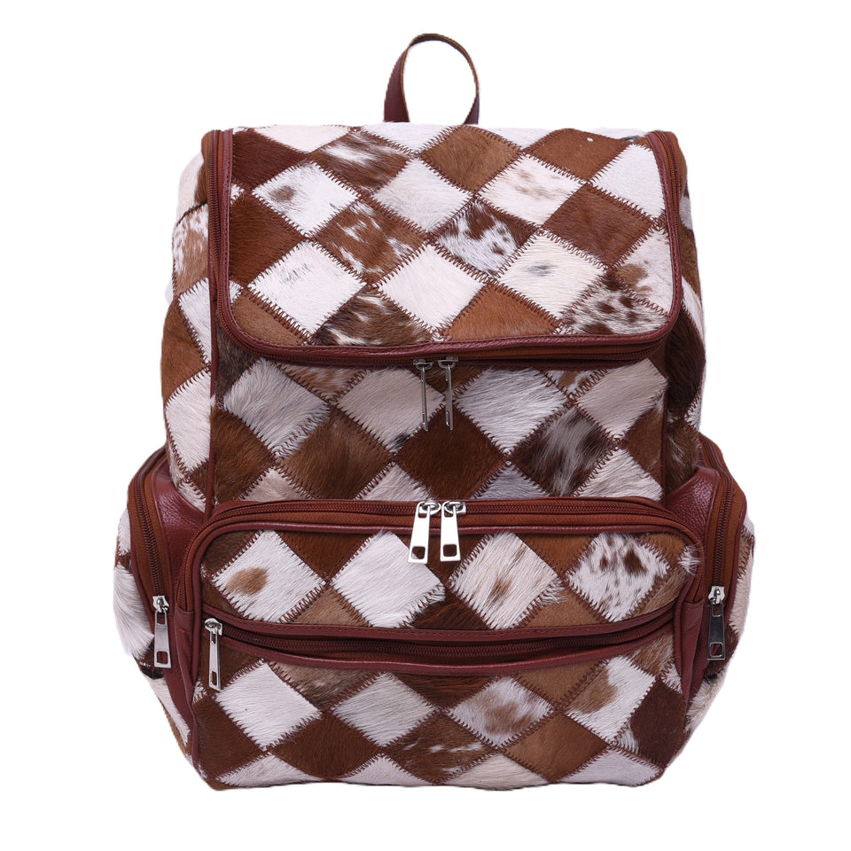 Chess Design - Hair On Cowhide Genuine Leather Backpack For Women