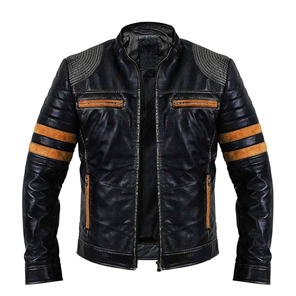 Men's Vintage Distressed Black Leather Biker Jacket with Quilted Shoulders and Stripes