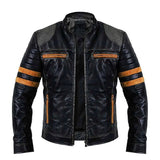 Men's Vintage Distressed Black Leather Biker Jacket with Quilted Shoulders and Stripes