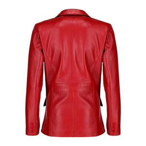 Black Notched-Collar Casual Genuine Sheepskin Leather Blazer for Women