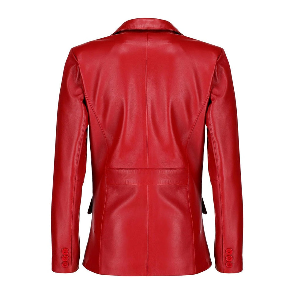 Black Notched-Collar Casual Genuine Sheepskin Leather Blazer for Women