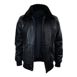 Black Aviator Bomber  Fur Collar Sheepskin Leather Jacket For Men