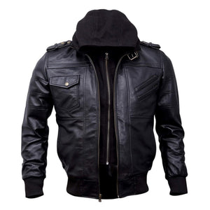 Bomber Removable Hooded Sheepskin Leather Jacket for Men