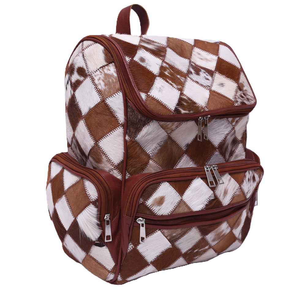 Chess Design - Hair On Cowhide Genuine Leather Backpack For Women