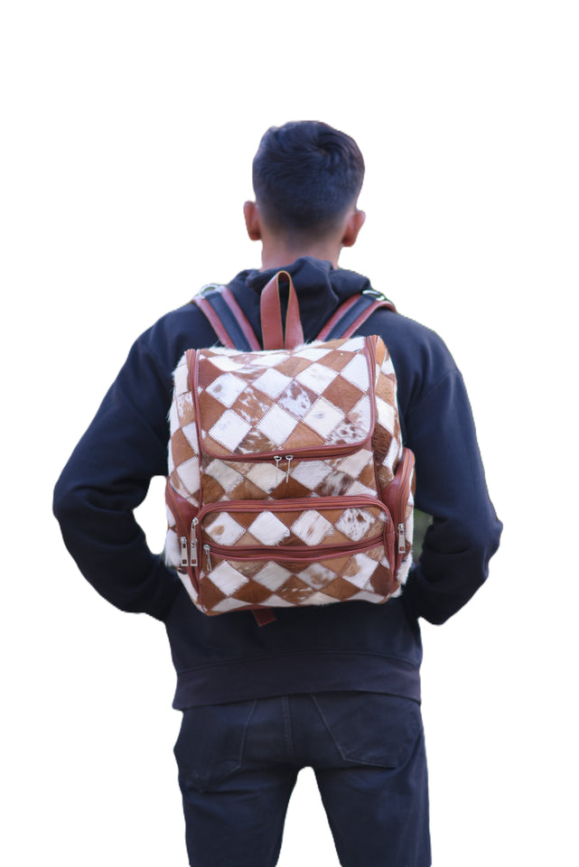 Chess Design - Hair On Cowhide Genuine Leather Backpack For Women
