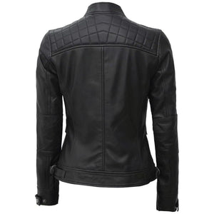 Black Quilted Café Racer Leather Jacket for Women