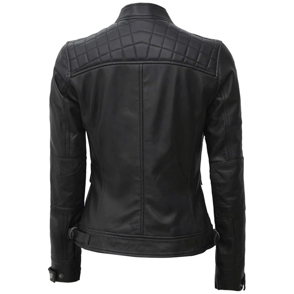 Black Quilted Café Racer Leather Jacket for Women
