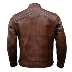 Brown Stand-up Collar Genuine Sheepskin Diamond Leather Biker Jacket For Men