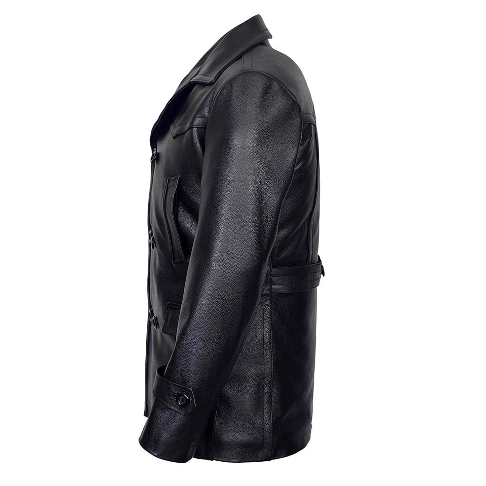 Vintage Black German Classic WW2 Officer Lambskin Leather Coat For Men