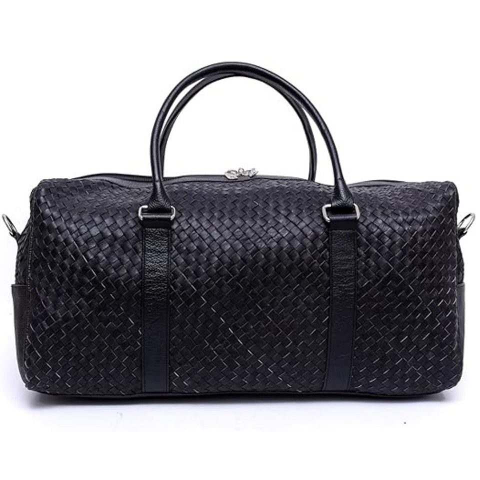 Braided Design - Hair On Black Cowhide Genuine Leather Duffel Bag