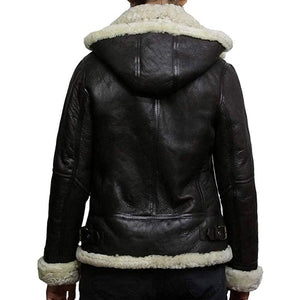 B3 Hooded Bomber White Fur Faux Shearling Sheepskin Leather Jackets for Women