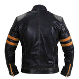 Men's Vintage Distressed Black Leather Biker Jacket with Quilted Shoulders and Stripes