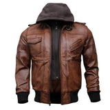 Bomber Removable Hooded Sheepskin Leather Jacket for Men