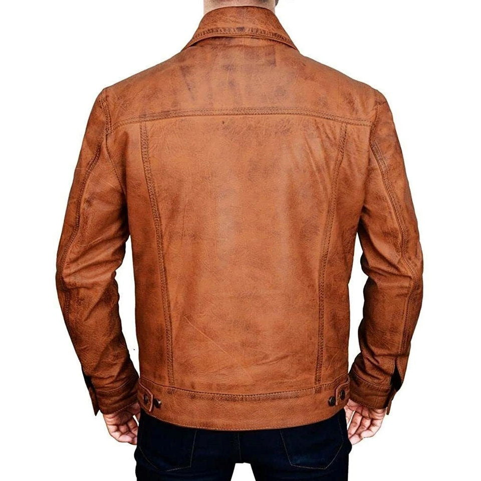 Trucker Vintage Style Real Lambskin Leather Jacket for Men