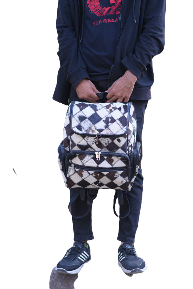 Chess Design - Hair On Cowhide Genuine Leather Backpack For Women