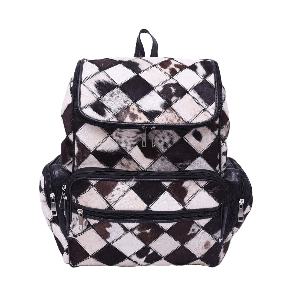 Chess Design - Hair On Cowhide Genuine Leather Backpack For Women