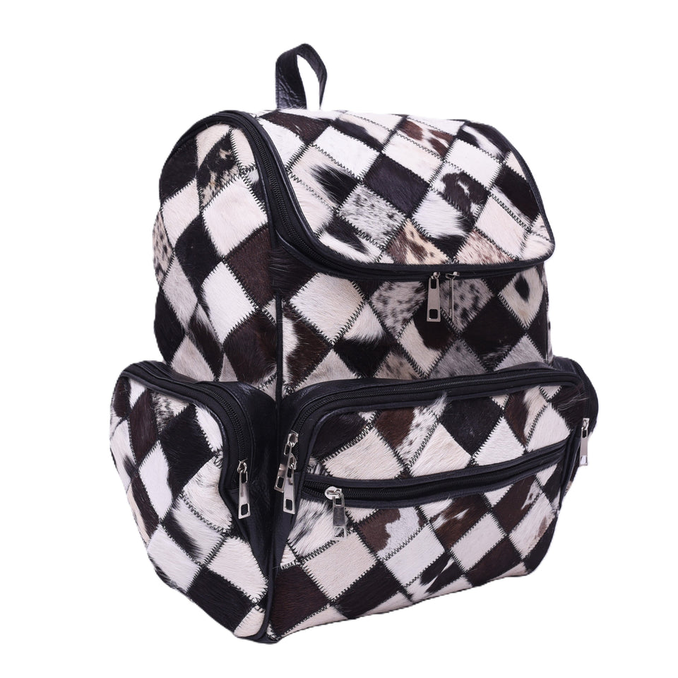 Chess Design - Hair On Cowhide Genuine Leather Backpack For Women