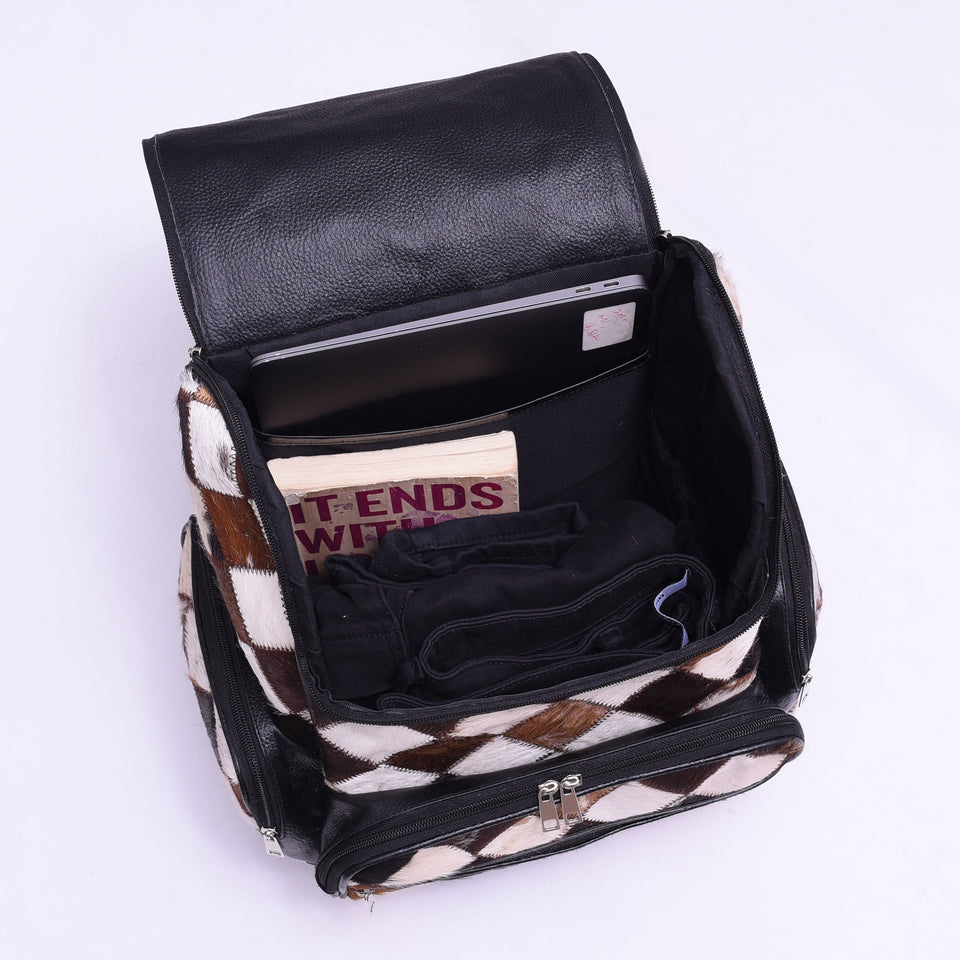 Chess Design - Hair On Cowhide Genuine Leather Backpack For Women