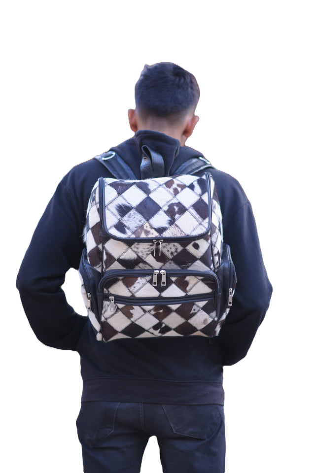 Chess Design - Hair On Cowhide Genuine Leather Backpack For Women