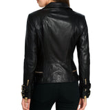 Gold Accents Zipper Closure Premium Sheepskin Leather Motorcycle Jacket for Women