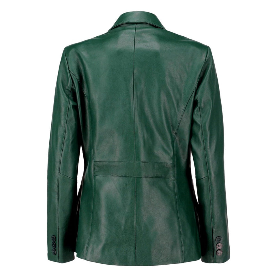Black Notched-Collar Casual Genuine Sheepskin Leather Blazer for Women