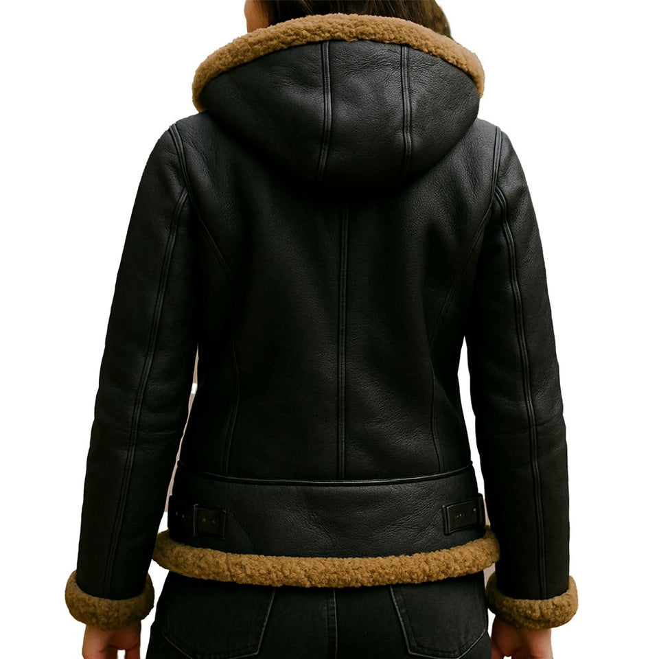 B3 Hooded Bomber Faux Shearling Sheepskin Leather Jackets for Women