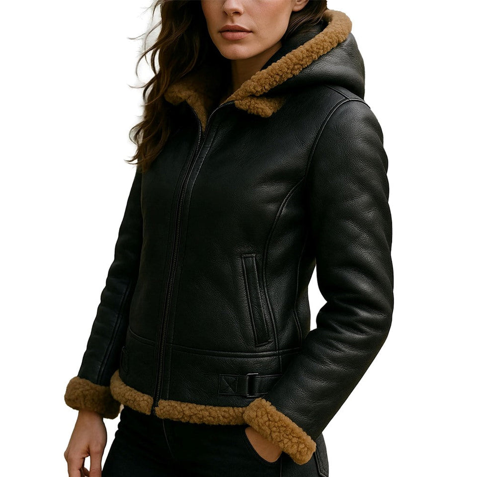 B3 Hooded Bomber Faux Shearling Sheepskin Leather Jackets for Women